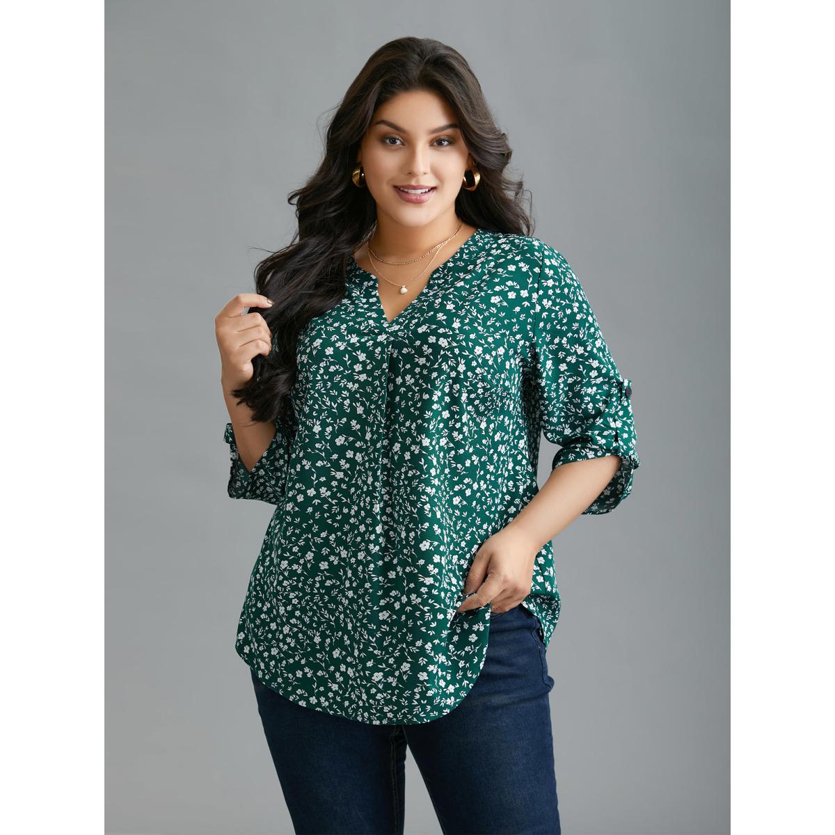 Plus Size DarkGreen Ditsy Floral Button Cuff Sleeve Pleated Blouse Women Elegant Long Sleeve Flat collar with V-notch Everyday Blouses BloomChic 18-20/2X Product Image