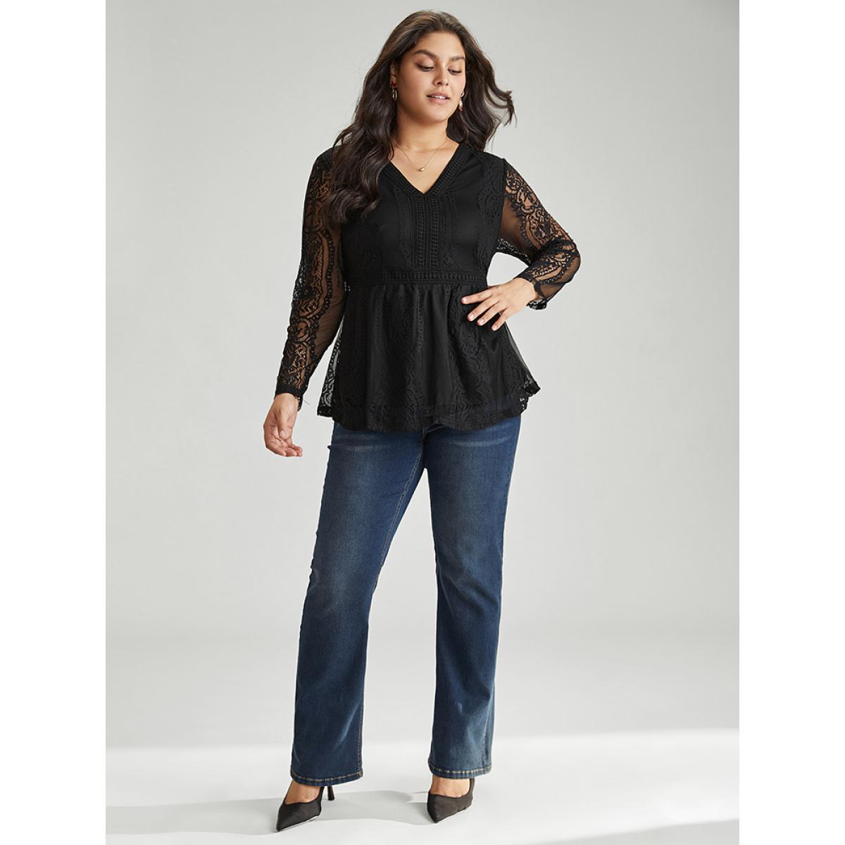 Plus Size Black Solid Guipure Lace Mesh Elastic Waist Blouse Women Elegant Long Sleeve V-neck Party Blouses BloomChic 30/6X Product Image