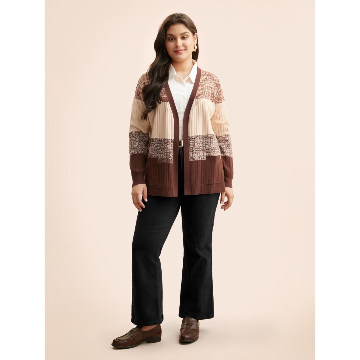 Plus Size Supersoft Essentials Textured Colorblock Contrast Cardigan Yellowishbrown Women Casual Loose Long Sleeve Everyday Cardigans BloomChic 12/L Product Image