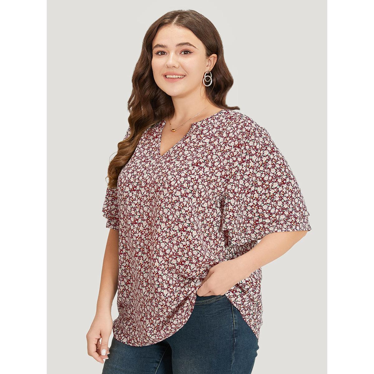 Plus Size Scarlet Ditsy Floral Notched Flutter Sleeve Blouse Women Elegant Short sleeve Notched collar Dailywear Blouses BloomChic 12/L Product Image