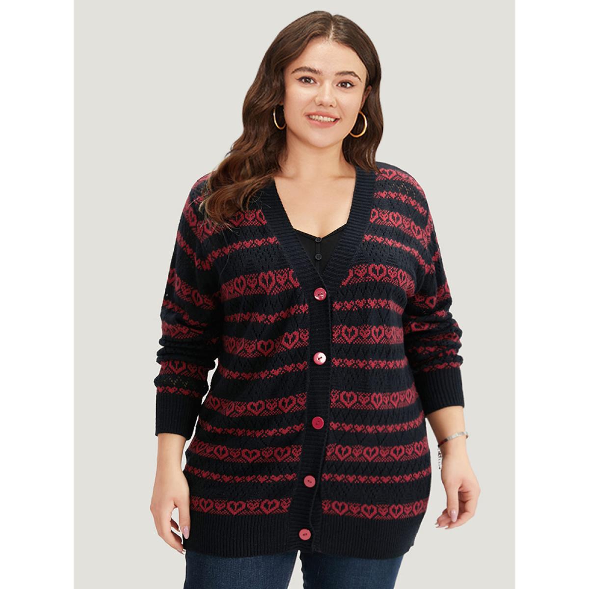 Plus Size Heart Graphic Button Through Eyelet Cardigan Scarlet Women Casual Loose Long Sleeve Dailywear Cardigans BloomChic 22-24/3X Product Image
