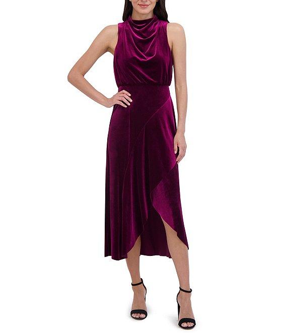 Vince Camuto Velvet Drape Cowl Mock Neck Blouson Wrap Ruffle Flounce Silt Hem Midi Dress Product Image