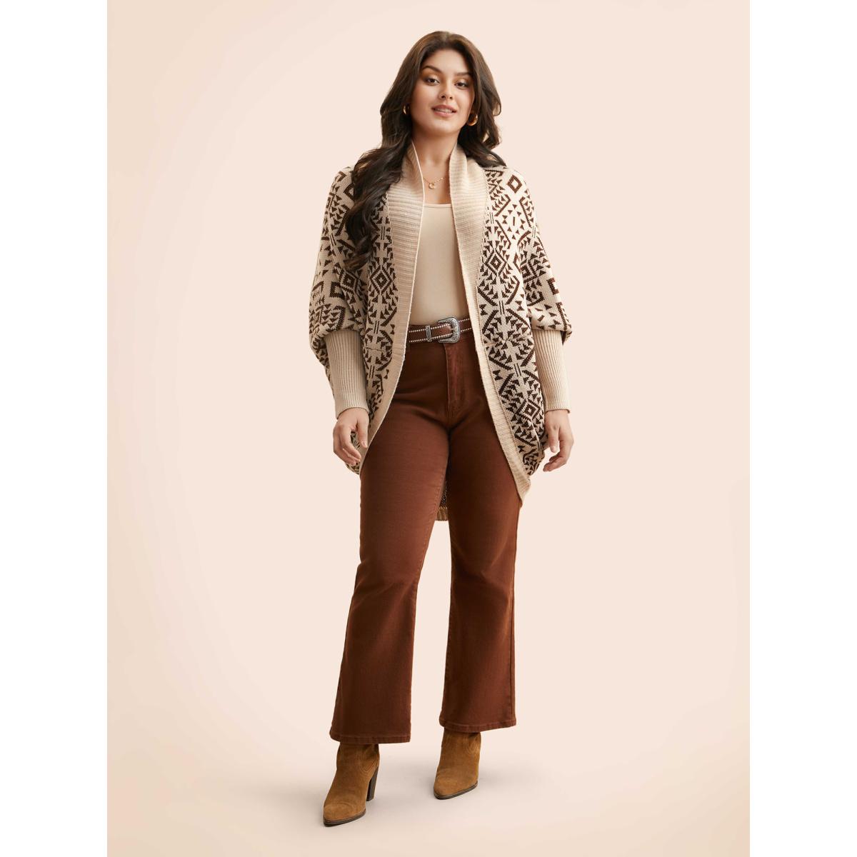 Plus Size Bandana Geometric Dolman Sleeve Cardigan DarkBrown Women Boho Loose Long Sleeve Vacation Cardigans BloomChic 26/4X Product Image