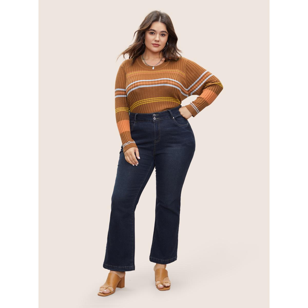 Plus Size Supersoft Essentials Contrast Striped Pullover Rust Women Casual Long Sleeve Round Neck Everyday Pullovers BloomChic 26/4X Product Image