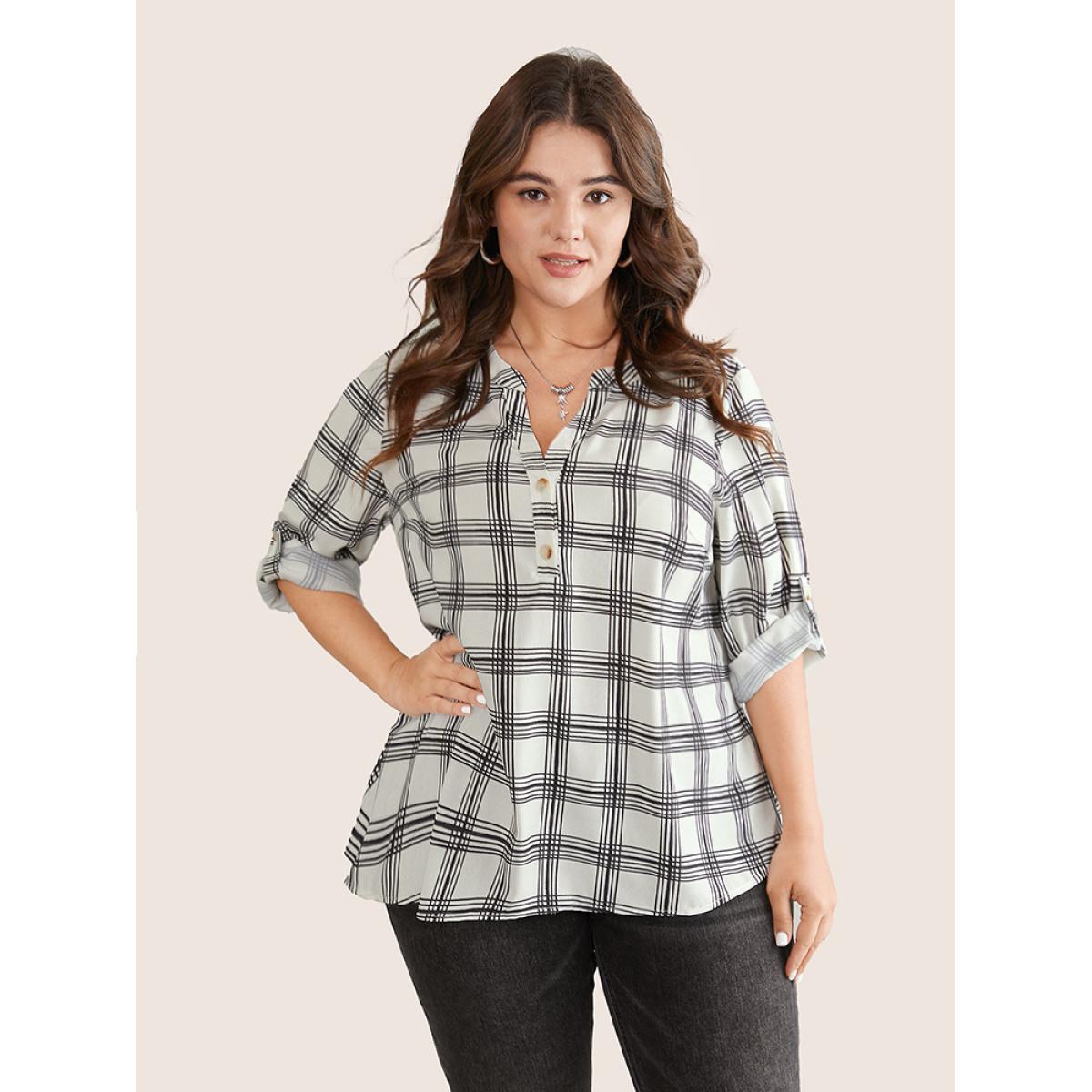 Plus Size Black Plaid Tab Sleeve Button Up Notched Blouse Women Office Long Sleeve Notched collar Office Blouses BloomChic 30/6X Product Image
