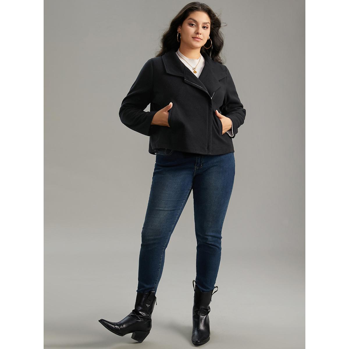 Plus Size Solid Lapel Collar Zipper Jacket Women Black Plain Pocket Everyday Jackets BloomChic 18-20/2X Product Image