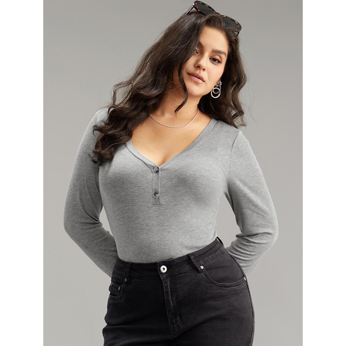 Plus Size Supersoft Essentials Rib Knit Button Up Bodysuit Women Gray Plain Plain Bodysuits BloomChic 26/4X Product Image