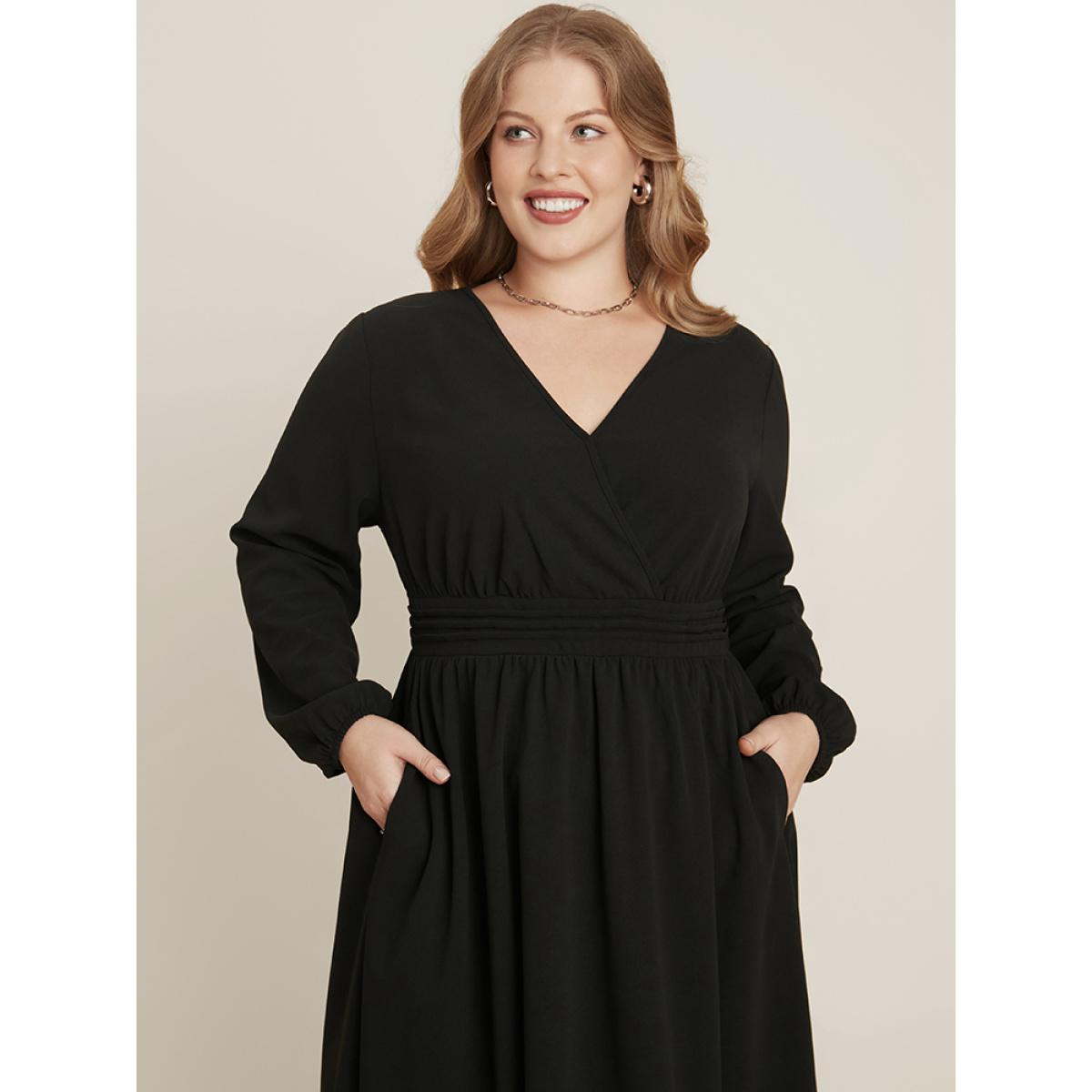 Plus Size Solid Surplice Neck Pocket Pleated Flutter Dress Black Women Office Plain V-neck Long Sleeve Curvy Midi Dress BloomChic 10/M Product Image