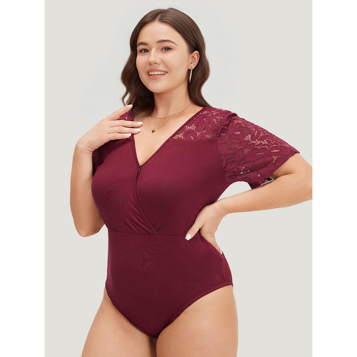 Plus Size Plain Crochet Lace Mesh Surplice Neck Bodysuit Women Burgundy Plain Wrap Bodysuits BloomChic 22-24/3X Product Image