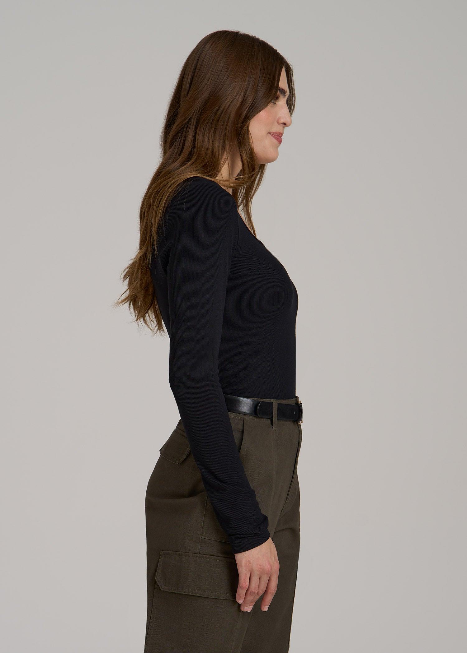 Long Sleeve Ribbed Square Neck Top for Tall Women in Black Female Product Image