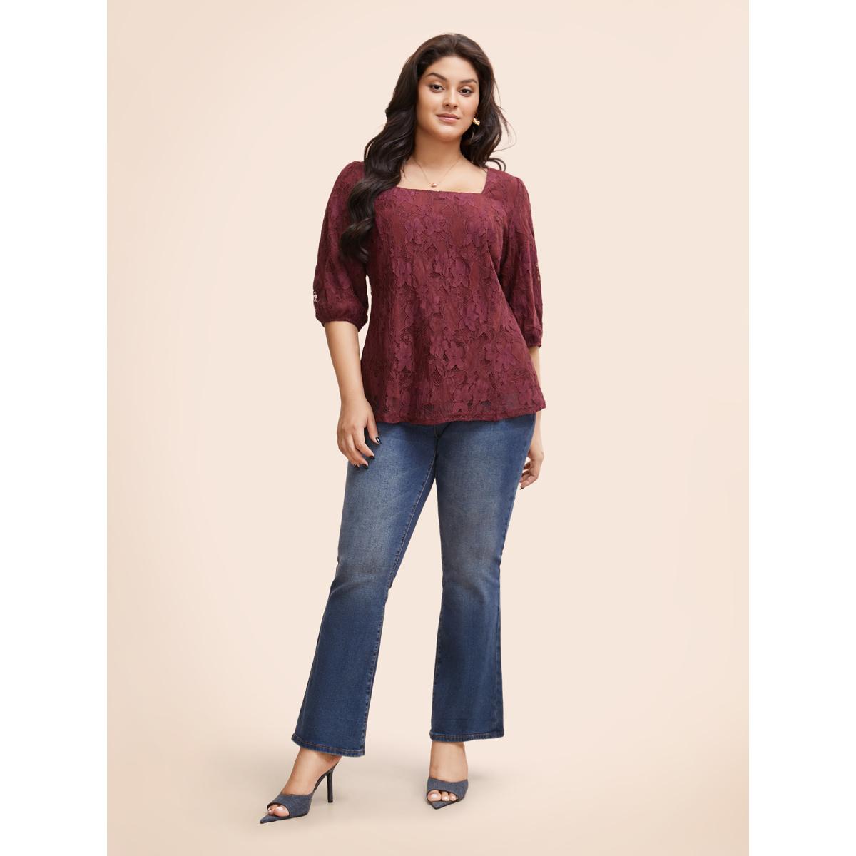 Plus Size Burgundy Square Neck Lace Panel Lantern Sleeve Blouse Women Timeless Elbow-length sleeve Square Neck Elegant Blouses BloomChic 22-24/3X Product Image