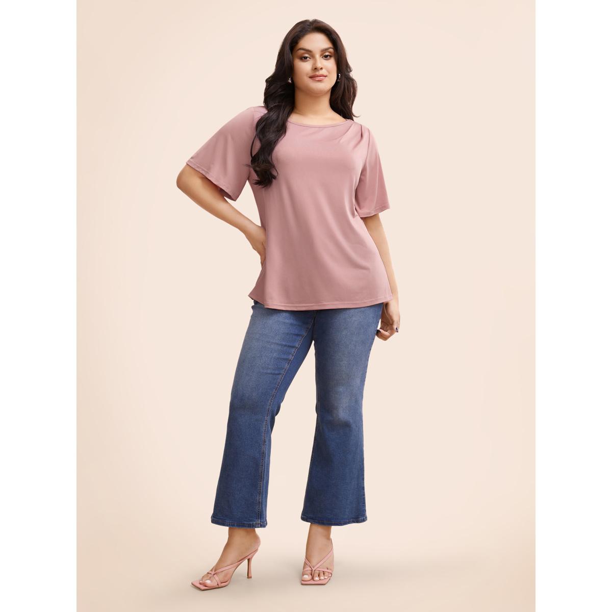 Plus Size Solid Round Neck Plicated Detail T-shirt Rouge Women Elegant Pleated Round Neck Everyday T-shirts BloomChic 22-24/3X Product Image