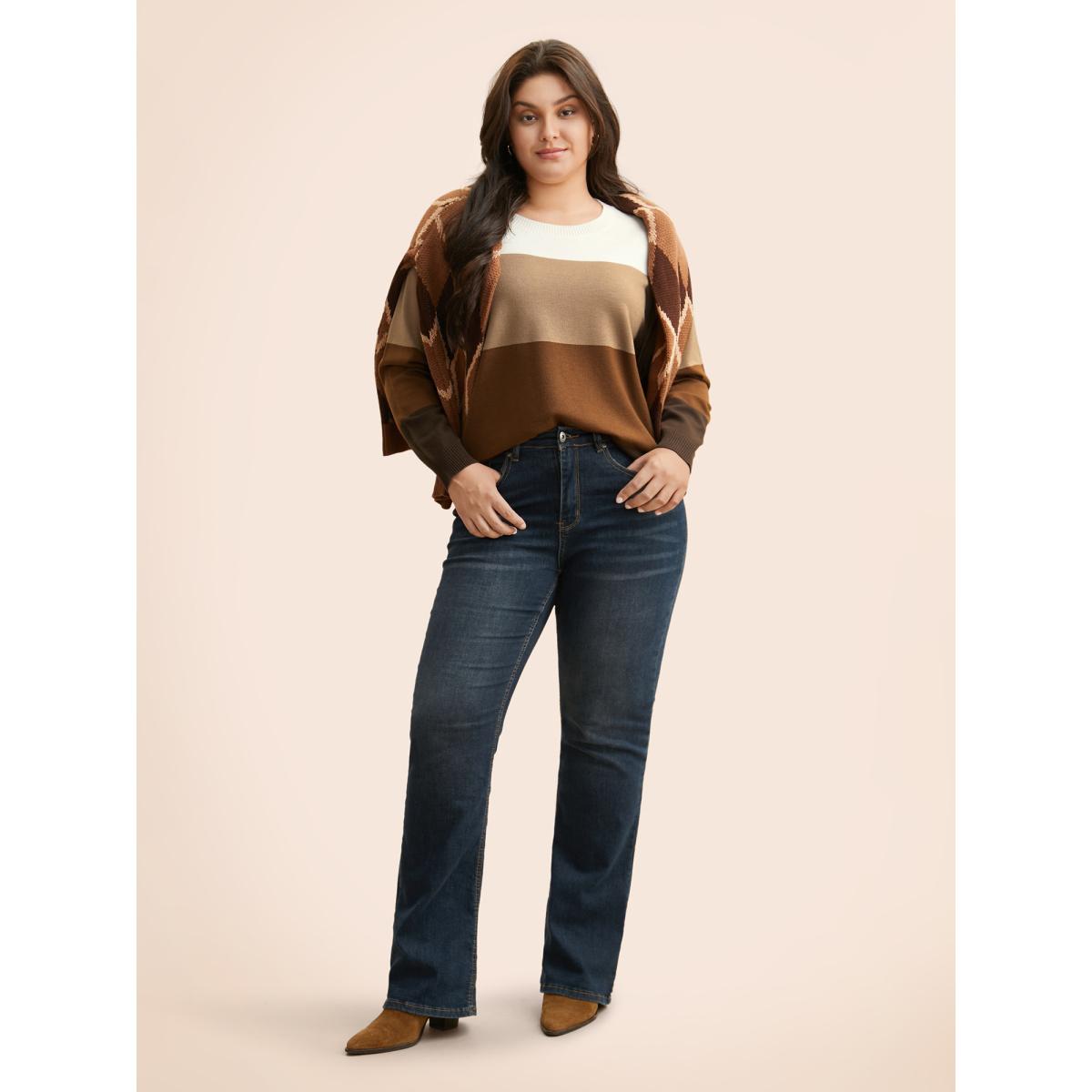 Plus Size Supersoft Essentials Colorblock Contrast Drop Shoulder Pullover Browncoffeecolor Women Casual Loose Long Sleeve Round Neck Everyday Pullovers BloomChic 28/5X Product Image