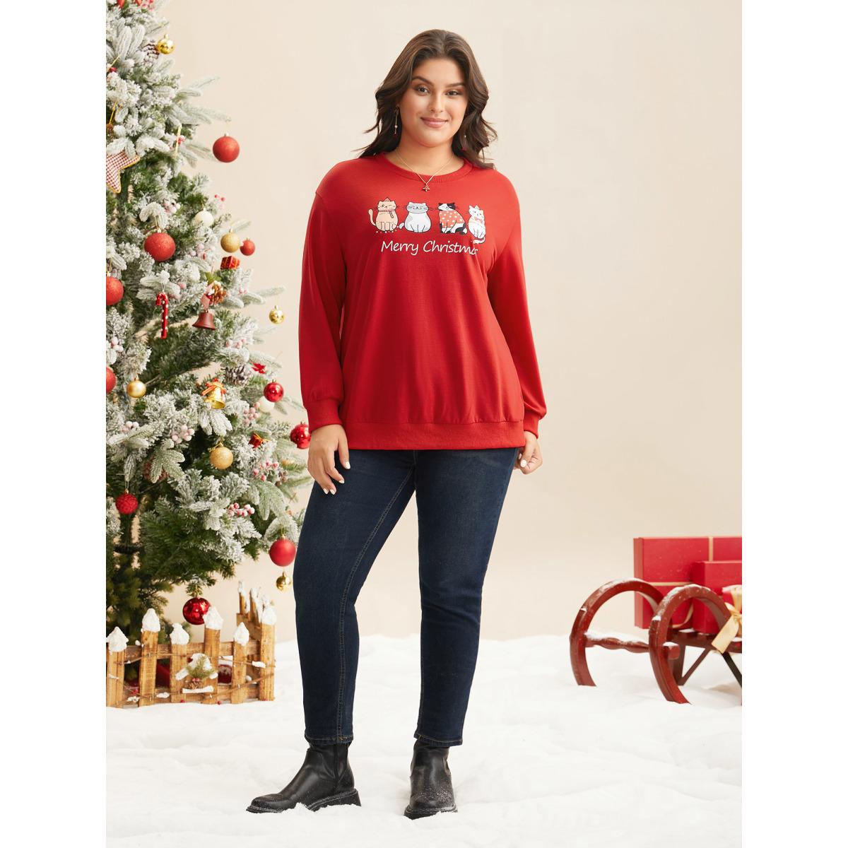 Plus Size Festive Cats Print Relaxed Fit Sweatshirt Women Brightred Casual Non Round Neck Everyday Sweatshirts BloomChic 10/M Product Image