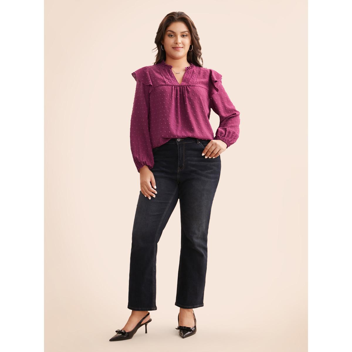 Plus Size RedViolet Texture Woven Ribbon Patchwork Ruffles Blouse Women Elegant Long Sleeve Flat collar with V-notch Everyday Blouses BloomChic 22-24/3X Product Image