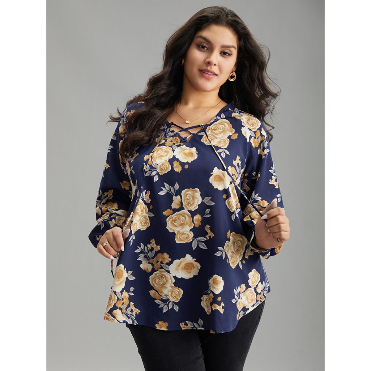 Plus Size Indigo Floral Print Lace Up Button Down Blouse Women Elegant Long Sleeve Tie Neck Dailywear Blouses BloomChic 10/M Product Image