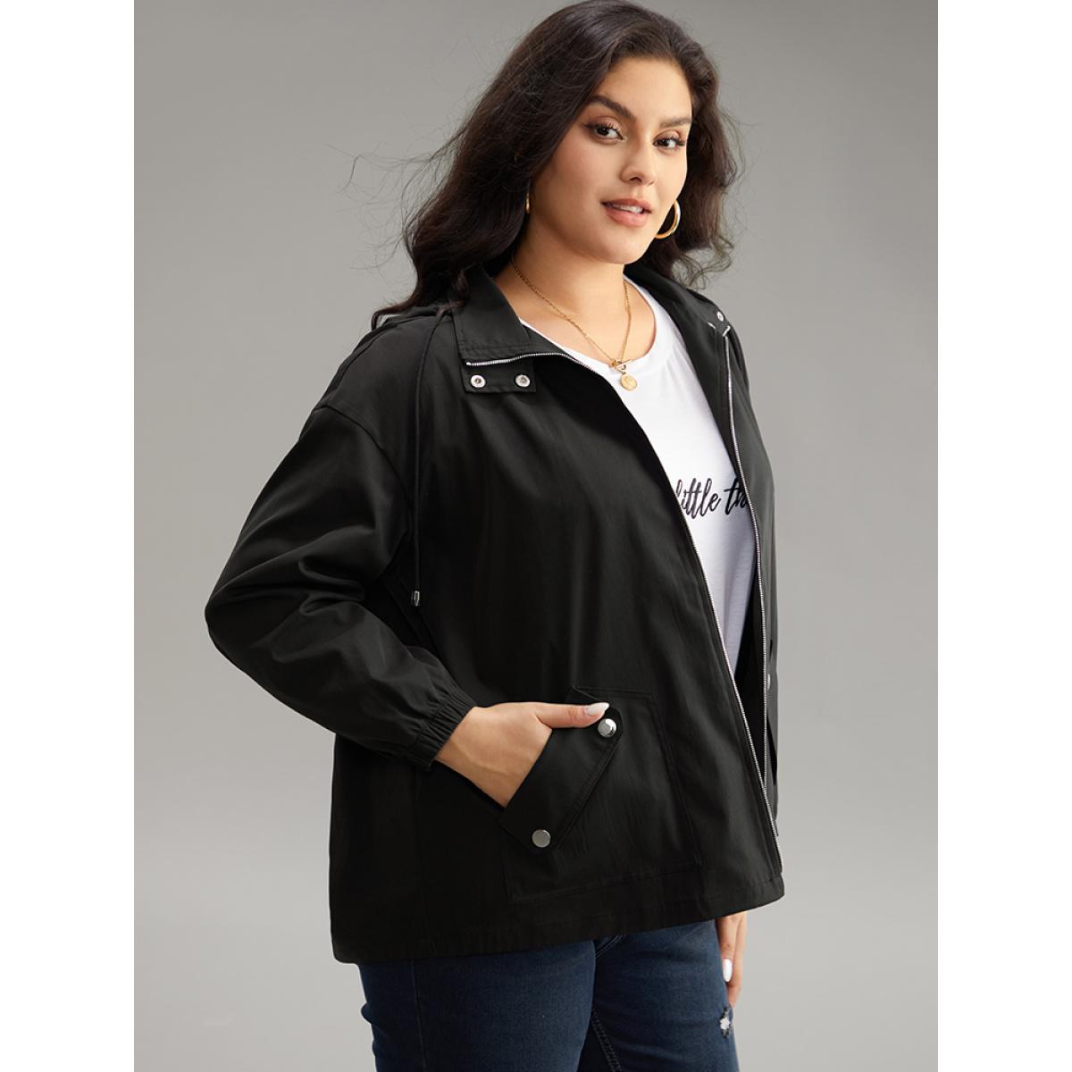 Plus Size Solid Hooded Pocket Drawstring Metal Detail Coat Women Black Casual Plain Ladies Dailywear Winter Coats BloomChic 18-20/2X Product Image