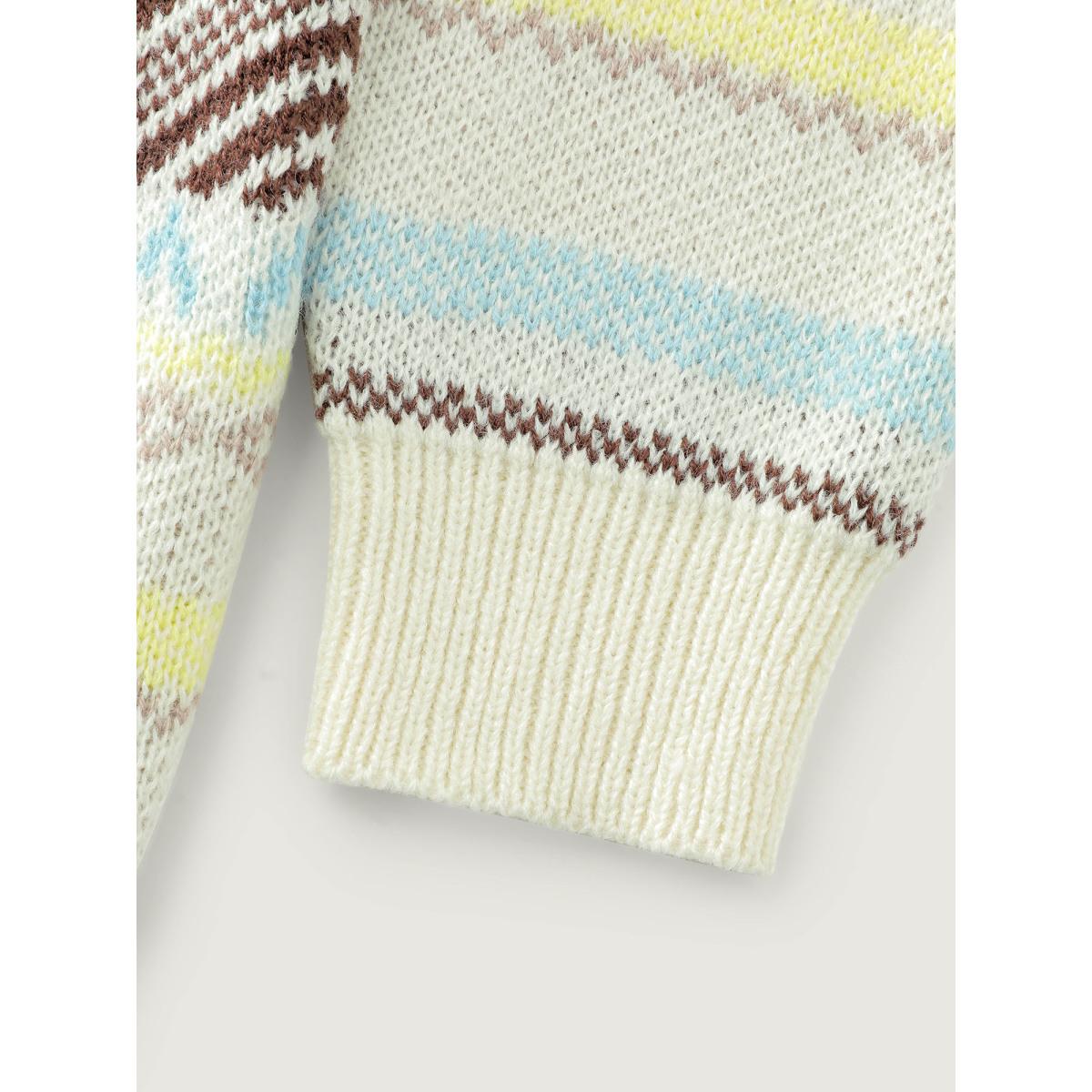 Plus Size Jacquard Boho Print Turtleneck Pullover Ivory Women Playful Loose Long Sleeve Ruffled collar Casual Pullovers BloomChic 30/6X Product Image