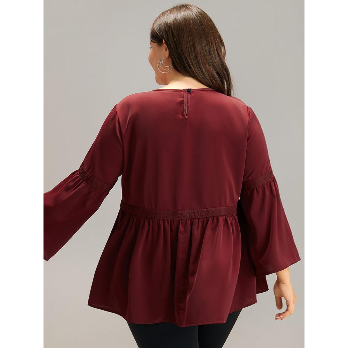 Plus Size Burgundy Anti-Wrinkle Keyhole Crochet Lace Mesh Ruffles Blouse Women Elegant Long Sleeve Keyhole Cut-Out Dailywear Blouses BloomChic 18-20/2X Product Image