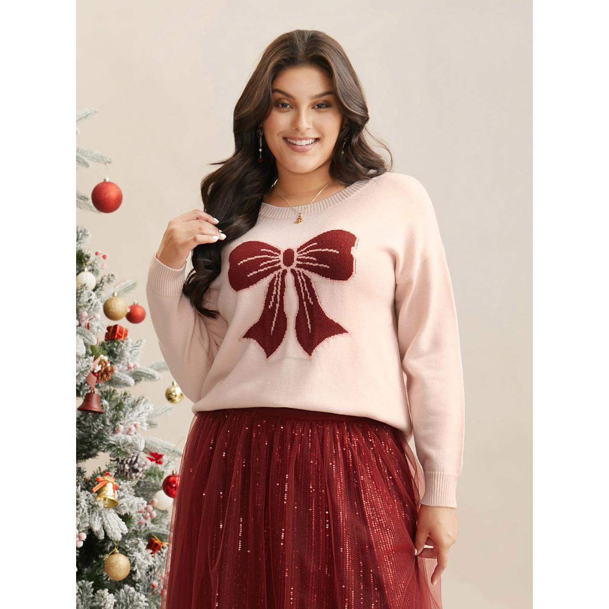 Plus Size Embroidered Bow Tie Drop Shoulder Pullover MistyRose Women Playful Loose Long Sleeve Round Neck Casual Pullovers BloomChic 30/6X Product Image