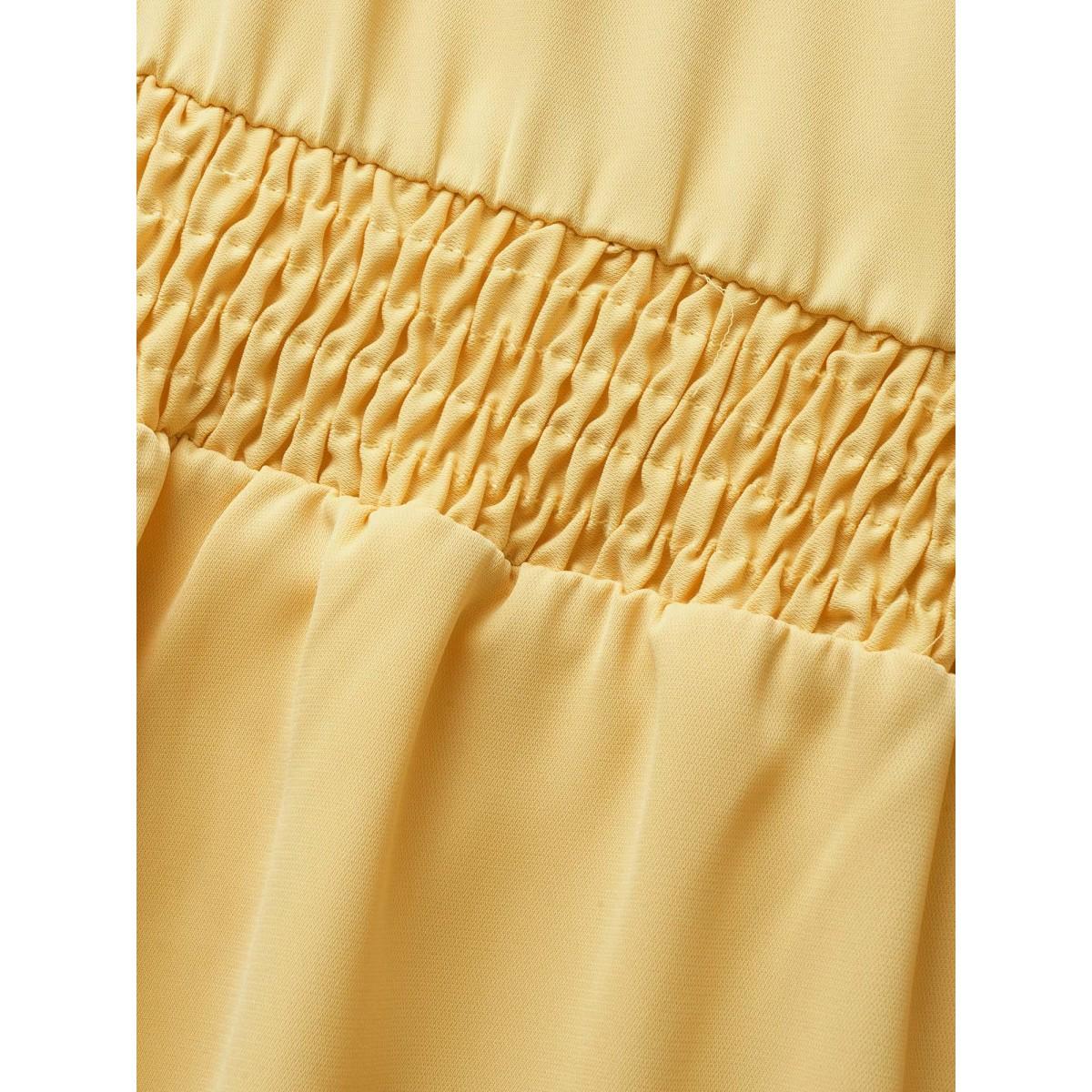 Plus Size Plain Shirred Ruffle Trim Sleeveless Dress Lightyellow Women Elegant U-neck Sleeveless Curvy BloomChic 12/L Product Image