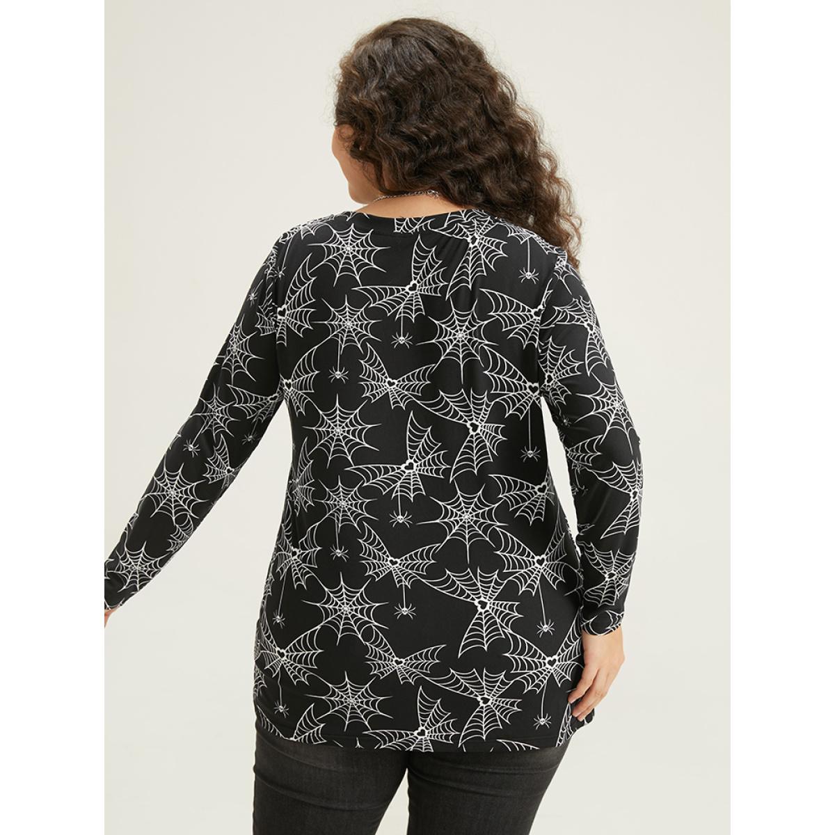 Plus Size Halloween Spider Web Print Round Neck T-shirt Black Women Casual Printed Graphic-Halloween Round Neck Festival-Halloween T-shirts BloomChic 26/4X Product Image