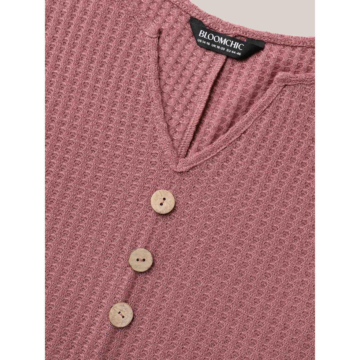 Plus Size Waffle Knit Stretchy Button Split Neck T-Shirt DustyPink Women Leisure Texture Flat collar with V-notch Casual T-shirts BloomChic 30/6X Product Image