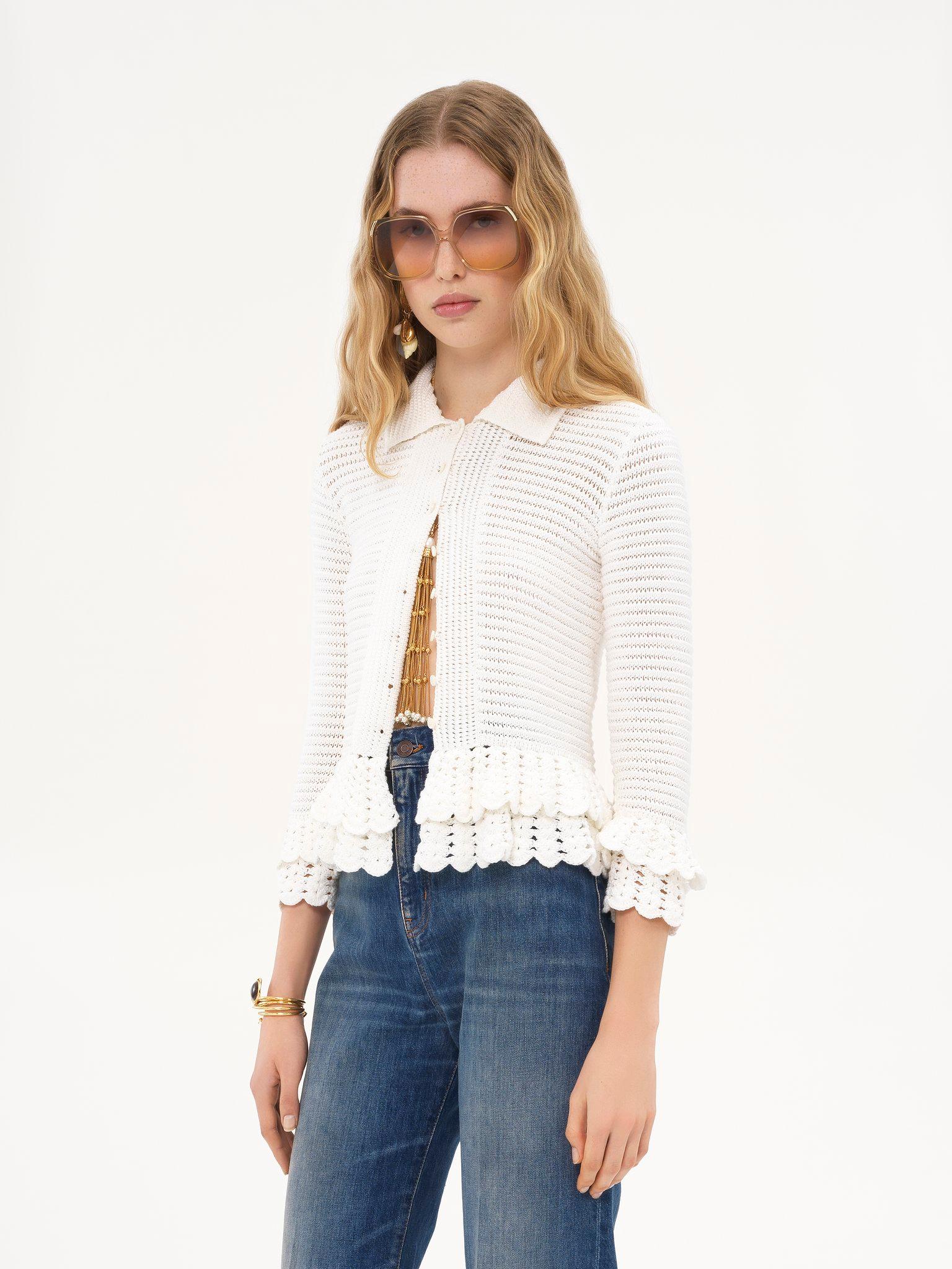 Fitted ruffled cardigan in crochet knit Product Image