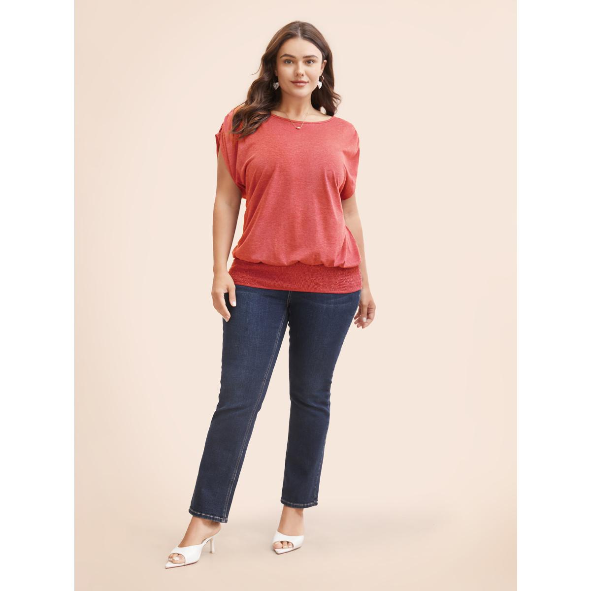 Plus Size Solid Ruched Batwing Sleeve Shirred Hem T-shirt Russet Women Elegant Ruched Plain Boat Neck Everyday T-shirts BloomChic 22-24/3X Product Image