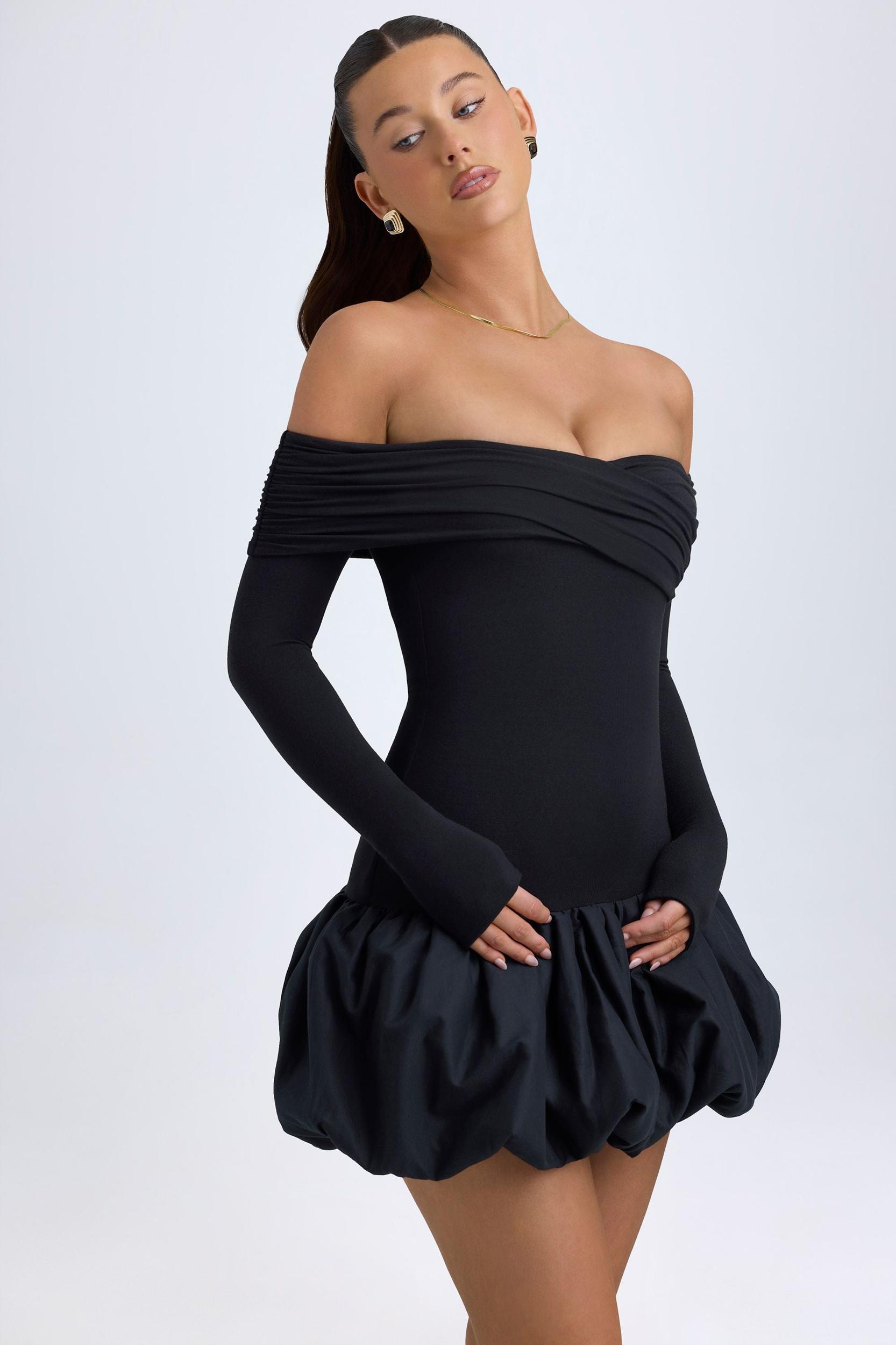 Modal Off-Shoulder Bubble Hem Mini Dress in Black Product Image