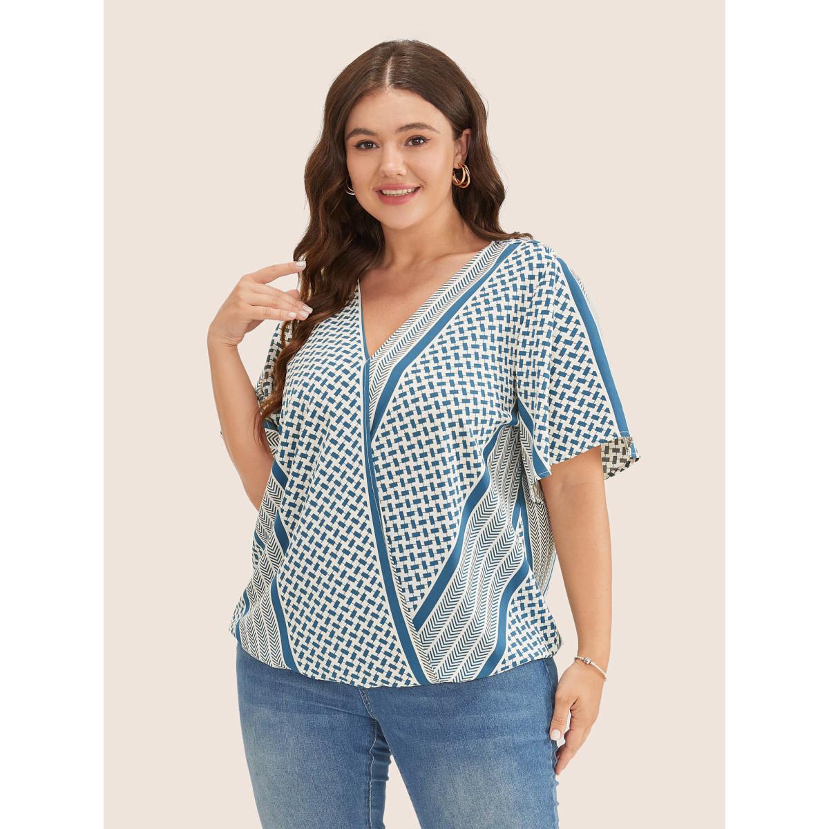Plus Size Aegean Geometric Contrast Ruffle Sleeve Wrap Blouse Women Resort Short sleeve Overlap Collar Vacation Blouses BloomChic 18-20/2X Product Image