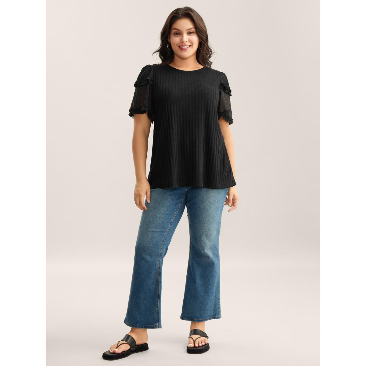 Plus Size Textured Pit Strip Layered Sleeve Sheer T-Shirt Black Women Leisure Texture Round Neck Casual T-shirts BloomChic 26/4X Product Image