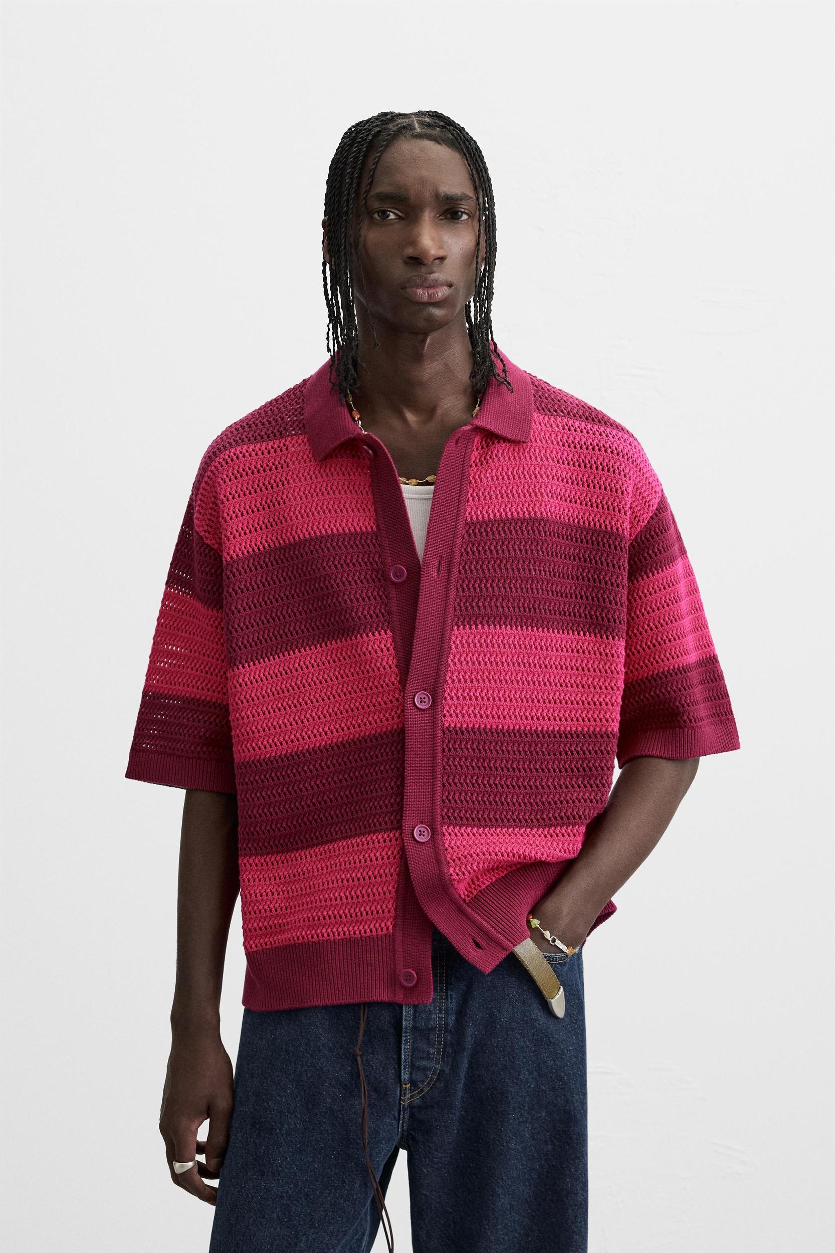 STRIPED OPEN KNIT SHIRT Product Image