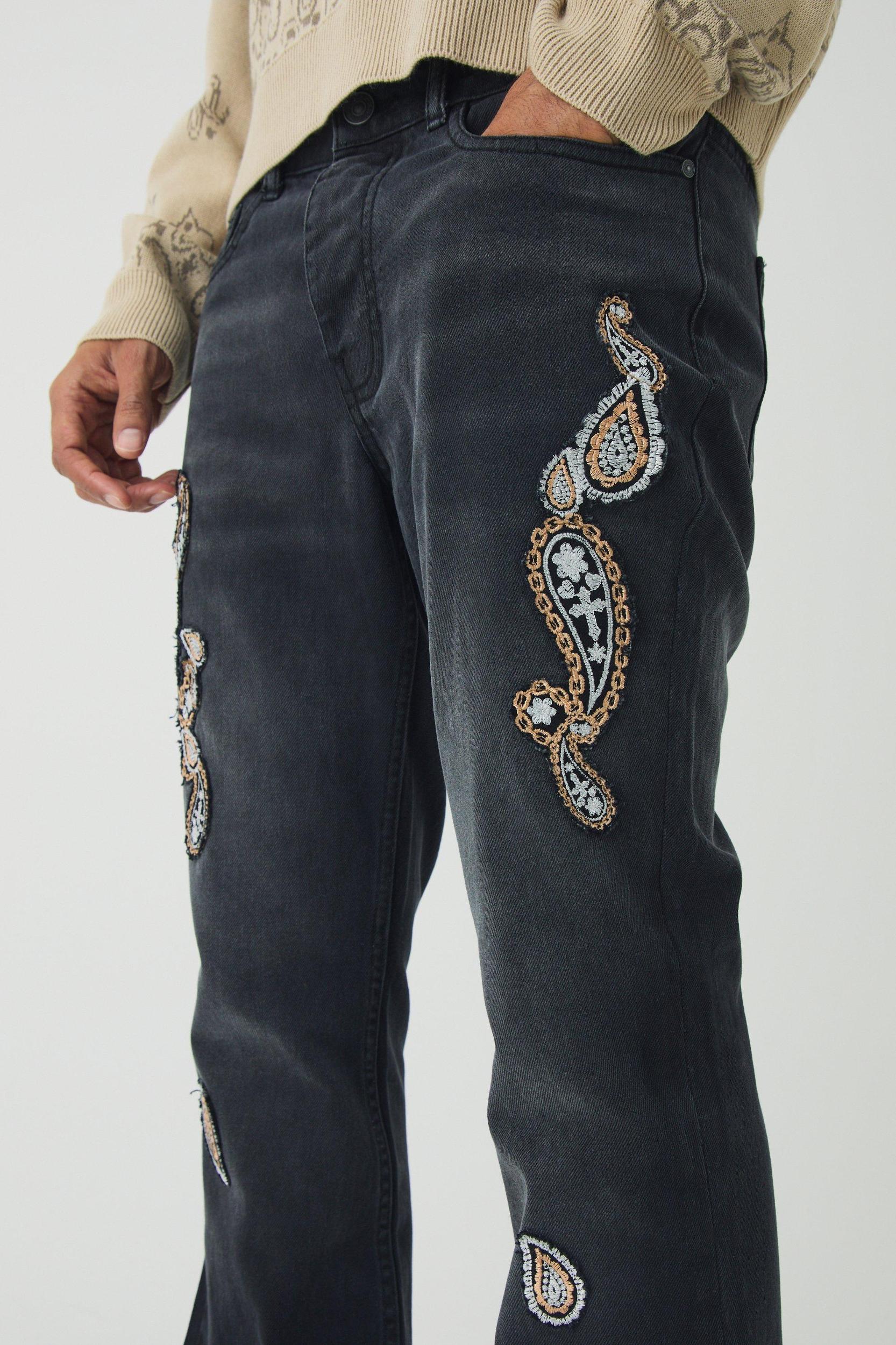 Slim Rigid Flare Washed Paisley Applique Jeans | boohooMAN USA Product Image