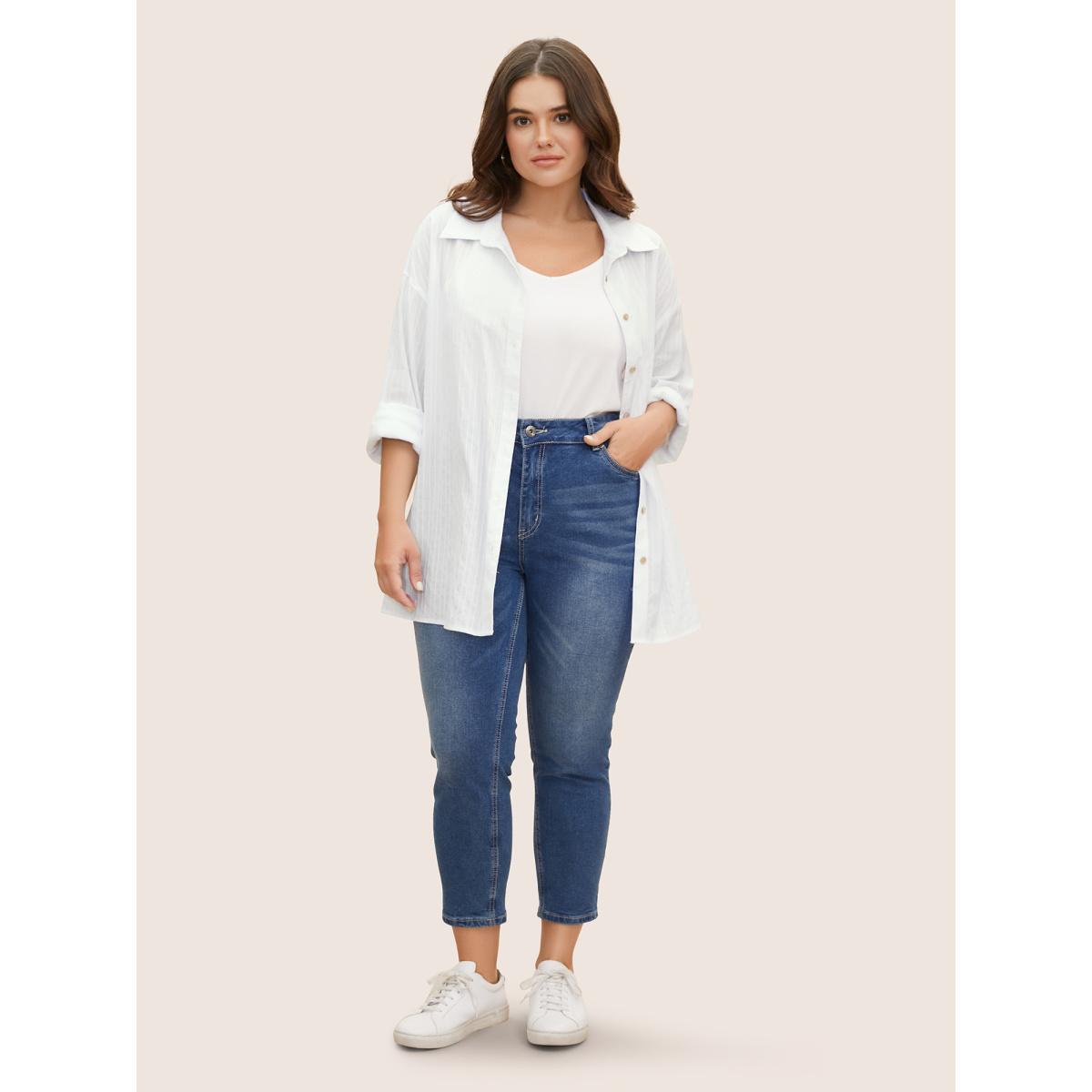 Plus Size Originalwhite Texture Shirt Collar Drop Shoulder Sleeve Blouse Women Casual Long Sleeve Shirt collar Everyday Blouses BloomChic 12/L Product Image