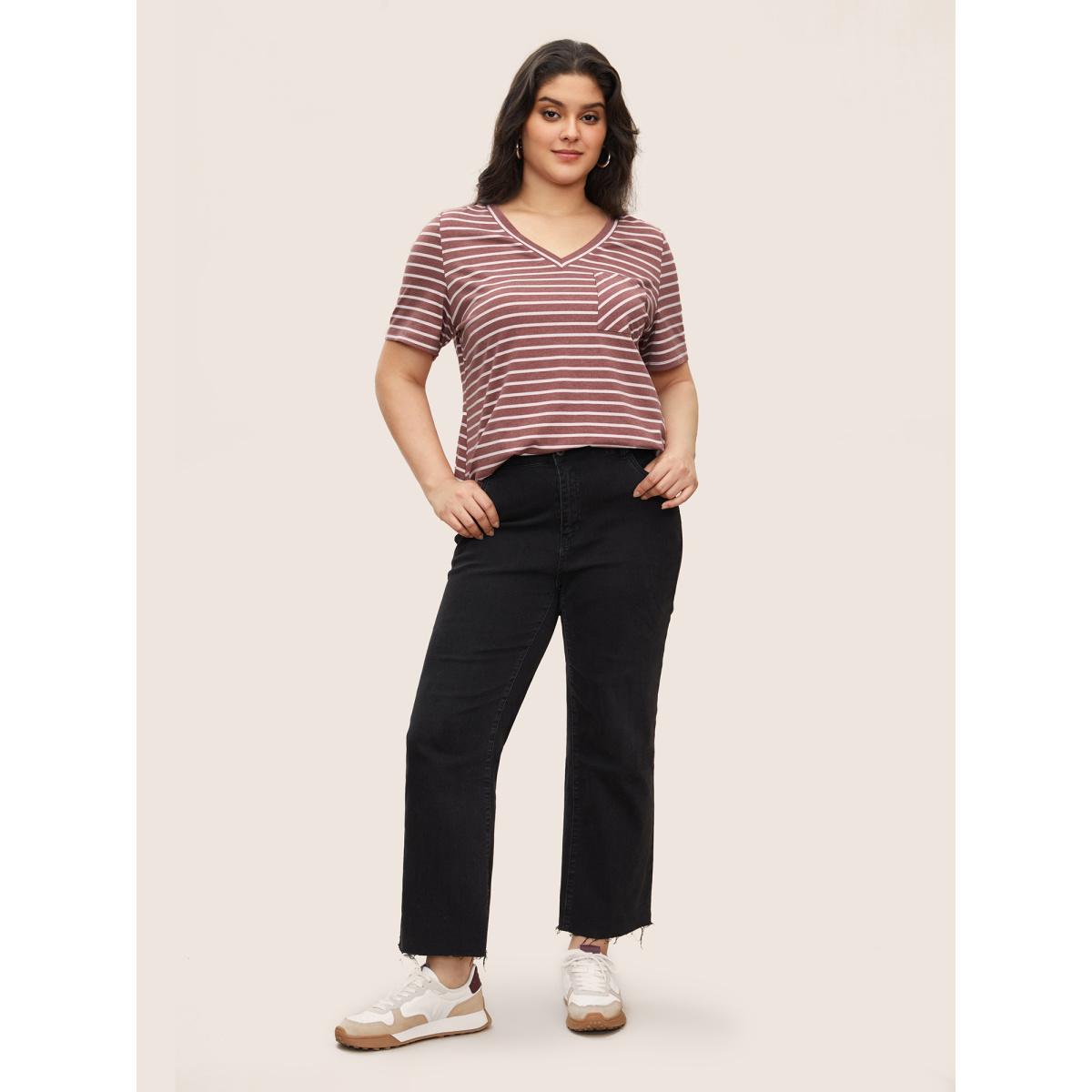 Plus Size Striped V Neck Patch Pocket T-shirt Russet Women Casual Contrast V-neck Everyday T-shirts BloomChic 14-16/1X Product Image