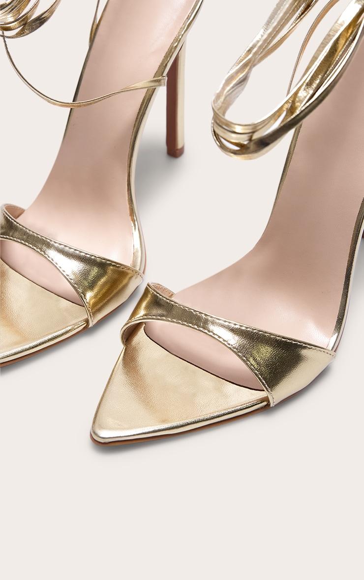Gold PU Point Toe High Heeled Lace Up Sandals Product Image