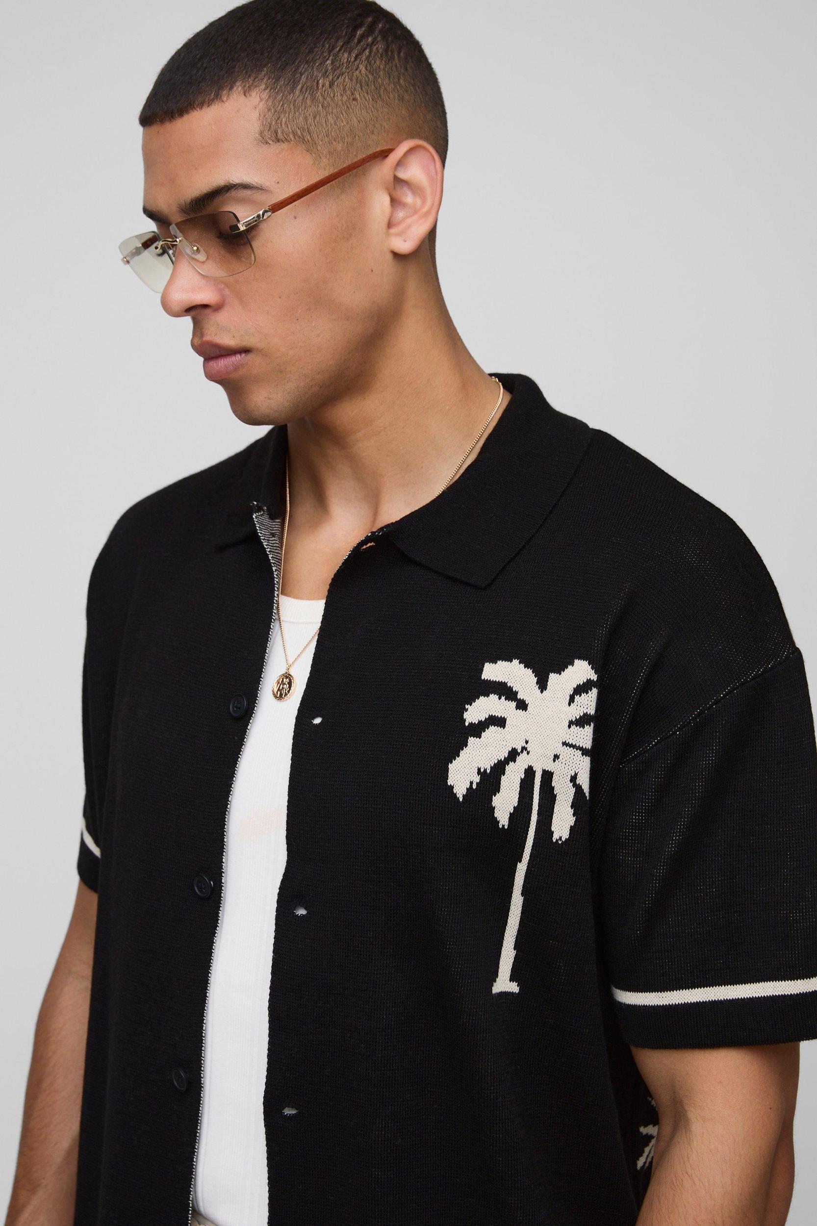 Relaxed Fit Scenic Palm Jacquard Knitted Shirt | boohooMAN USA Product Image