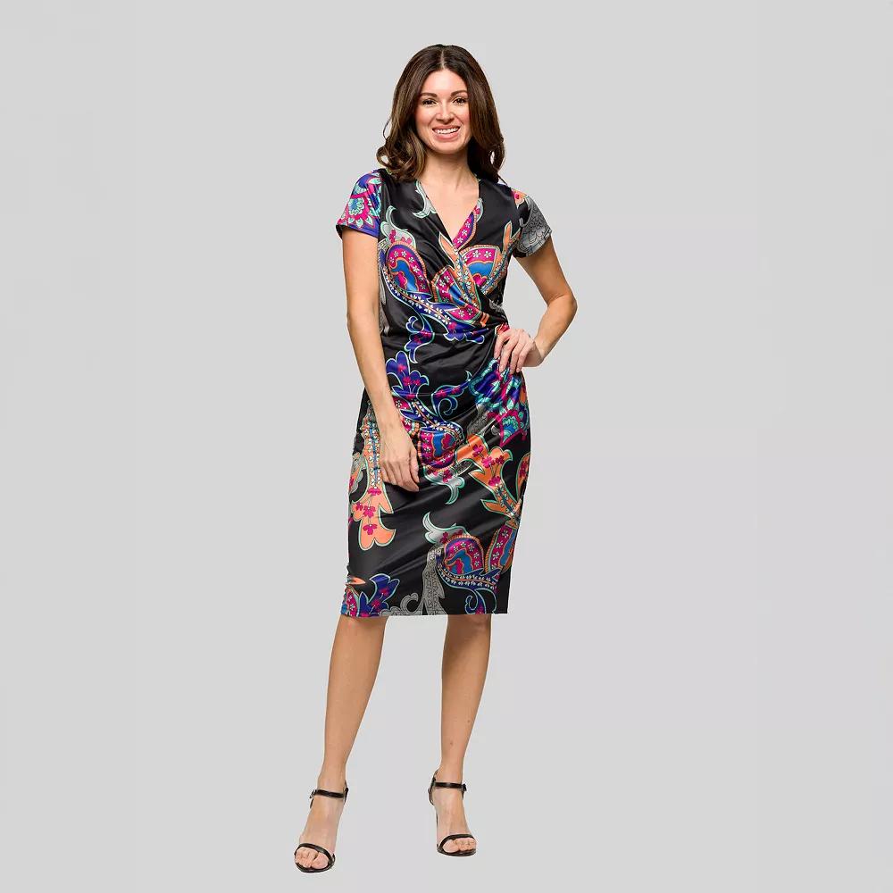 Women's 24Seven Comfort Apparel Floral Knee Length Short Sleeve Faux Wrap Dress, Size: Large, Black Team Product Image
