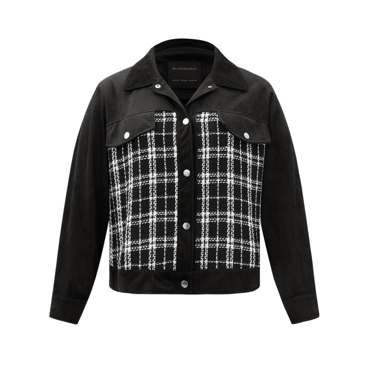 Plus Size Plaid Metal Detail Patchwork Shacket Women Black Elegant Texture Ladies Everyday Winter Coats BloomChic 10/M Product Image