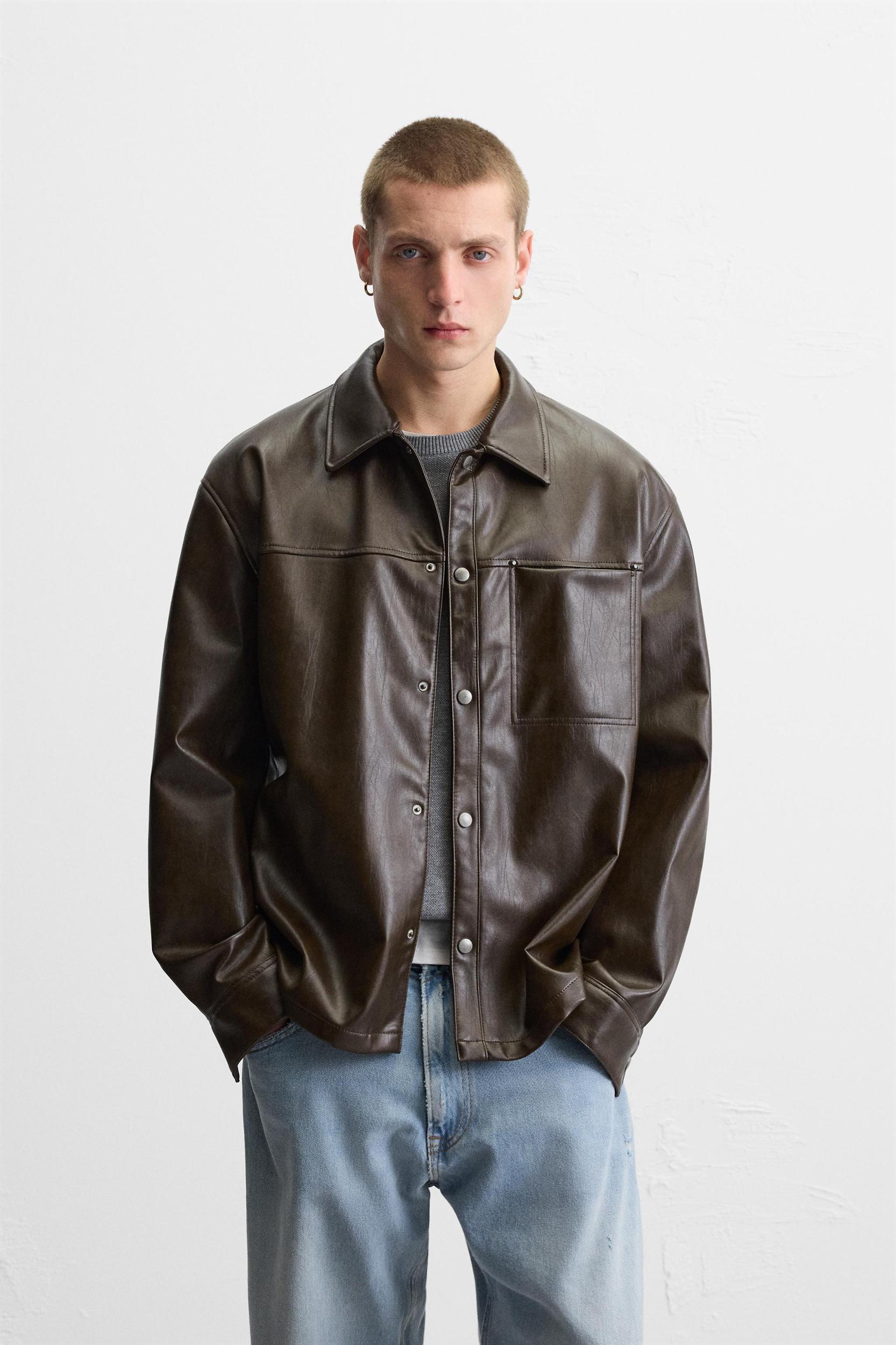 WASHED FAUX LEATHER OVERSHIRT Product Image