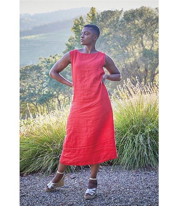 Bryn Walker Light Linen Poppy Round Neck Sleeveless Pintuck Detail Shift Midi Dress Product Image