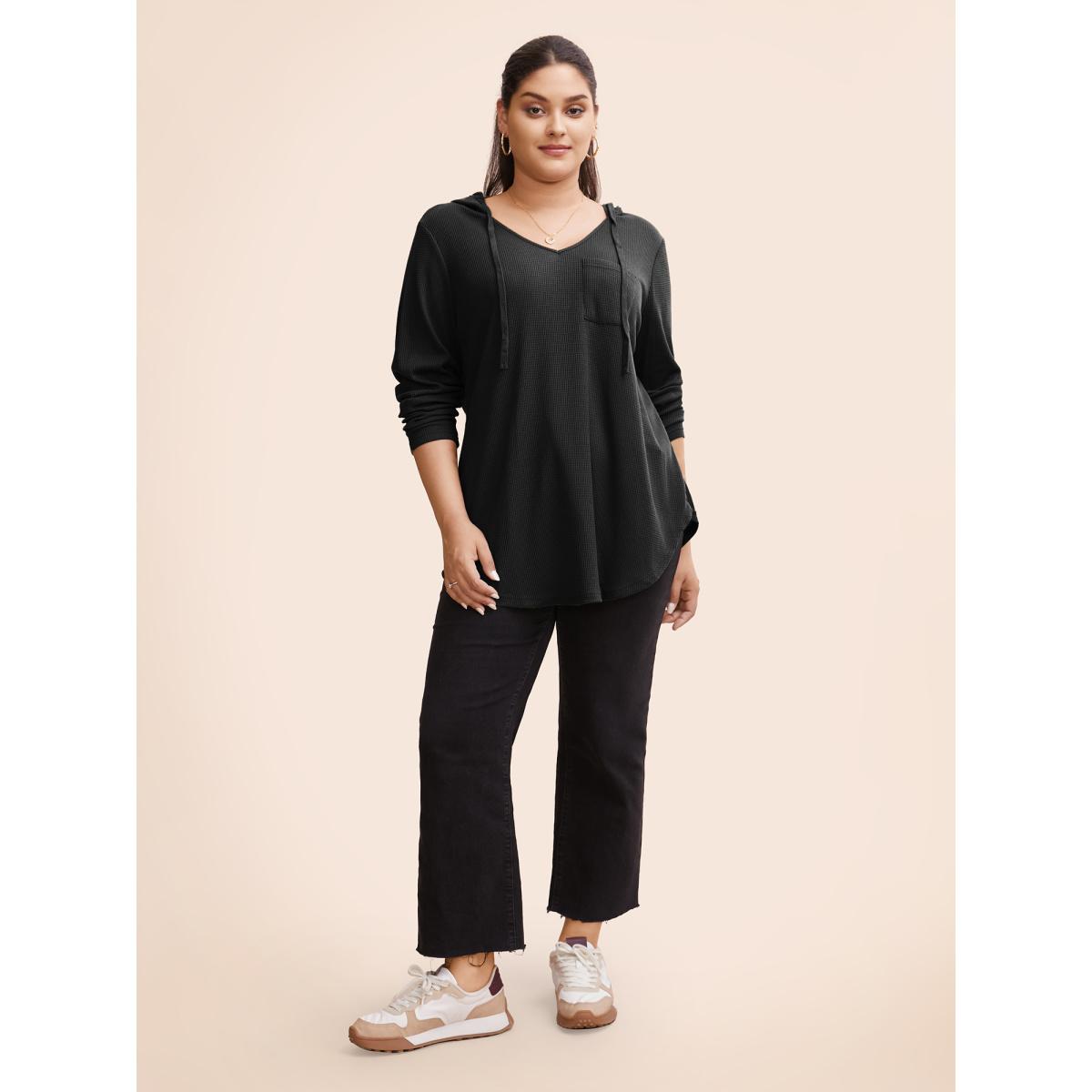 Plus Size Waffle Knit Pocket Hooded Drawstring Arc Hem T-shirt Black Women Casual Texture Plain Hooded Everyday T-shirts BloomChic 14-16/1X Product Image