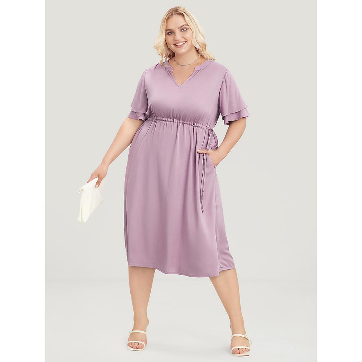 Plus Size Solid V Neck Ruffle Tiered Sleeve Pocket Drawstring Dress Mauve Women Office Drawstring V-neck Short sleeve Curvy Midi Dress BloomChic 14-16/1X Product Image
