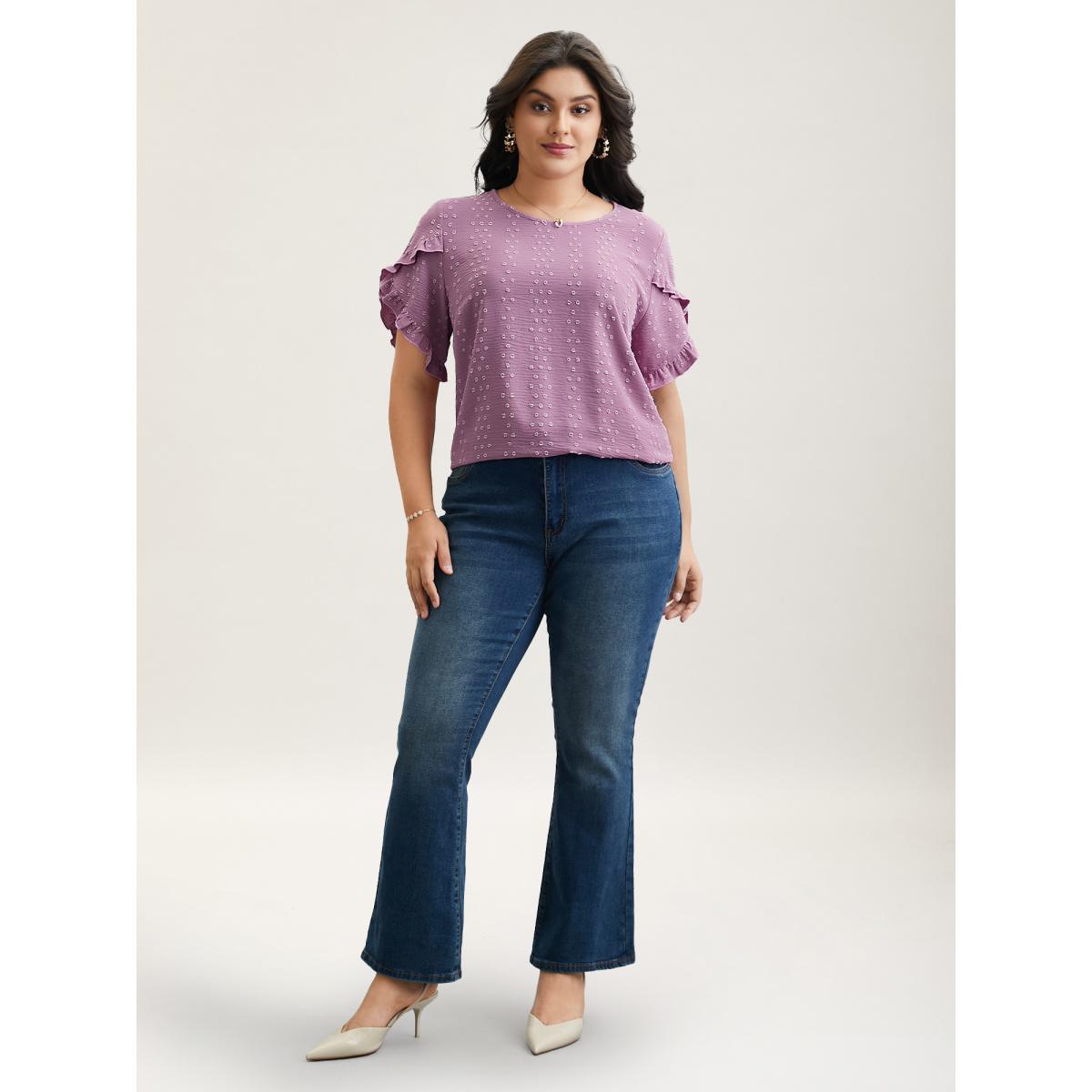 Plus Size Mauve Textured Round Neck Ruffled Sleeve Shirt Women Elegant Short sleeve Round Neck Everyday Blouses BloomChic 26/4X Product Image
