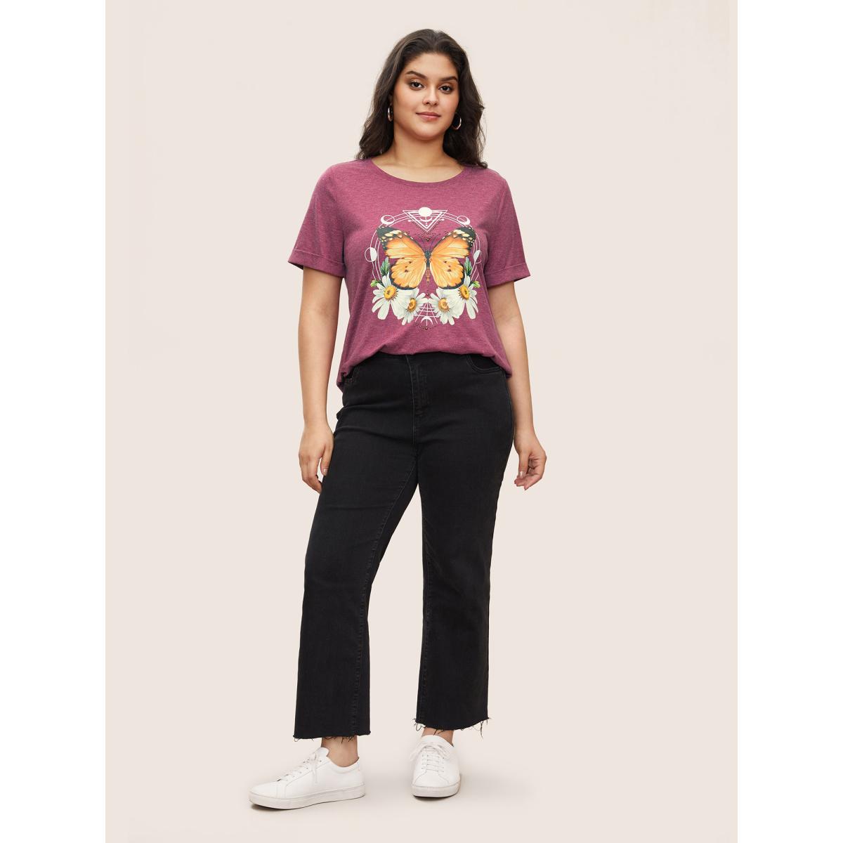 Plus Size Natural Flowers & Butterfly Print Rhinestone T-shirt Burgundy Women Casual Rhinestone detailing Animals Everyday T-shirts BloomChic 10/M Product Image