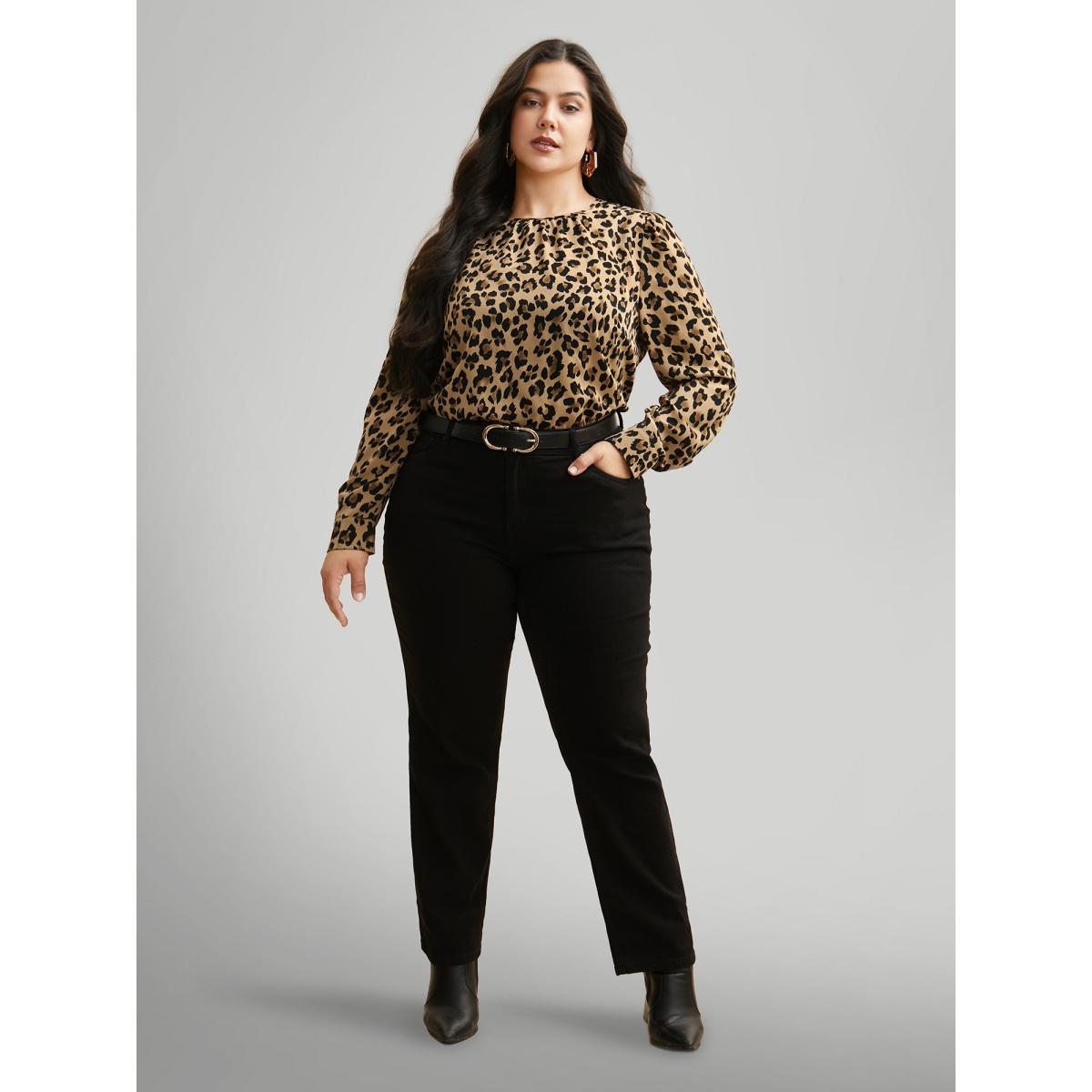 Plus Size LightBrown Leopard Print Mock Neck Gathered Blouse Women At the Office Long Sleeve Mock Neck Work Blouses BloomChic 22-24/3X Product Image