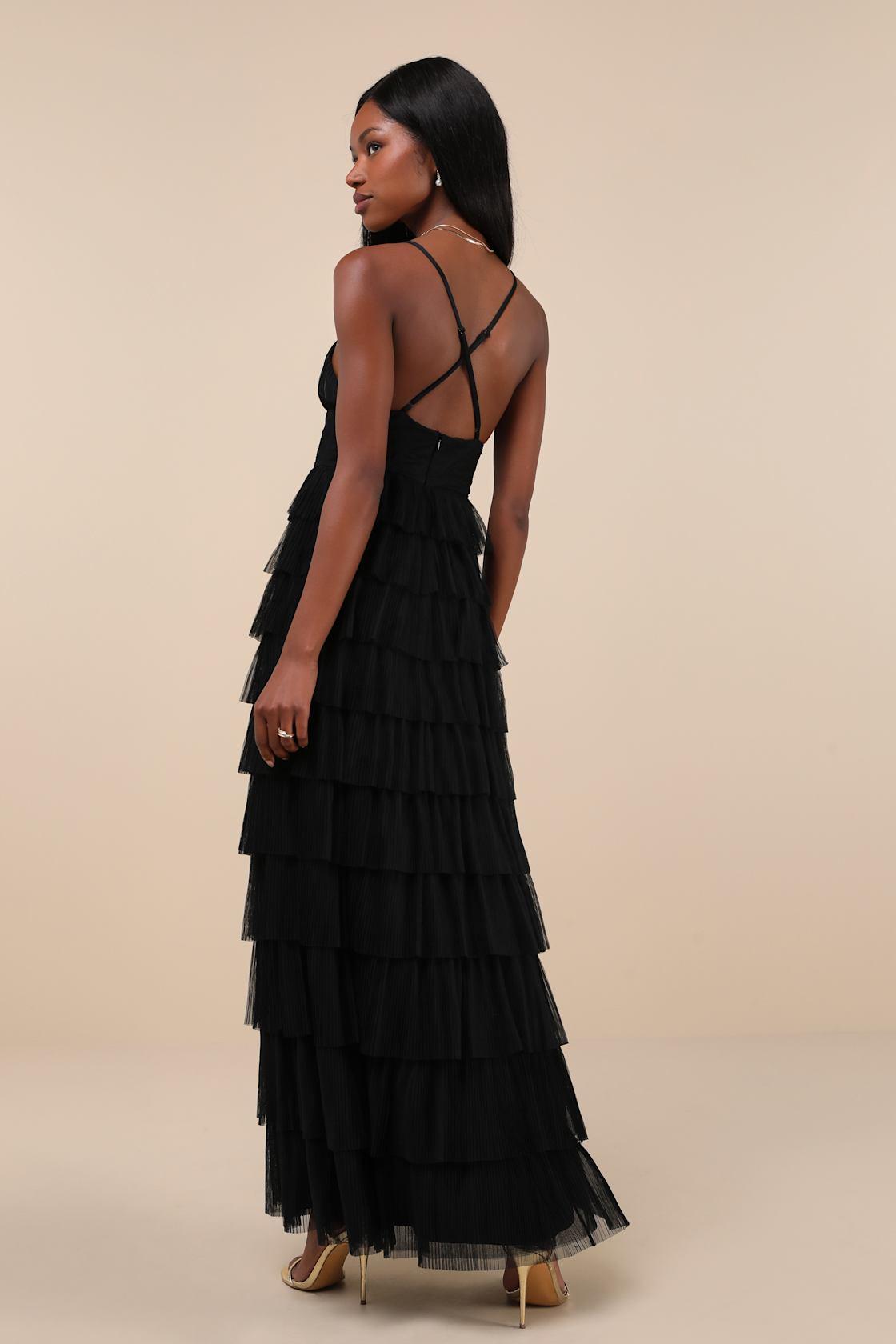 Radiant Event Black Mesh Tiered Pleated Backless Maxi Dress Product Image