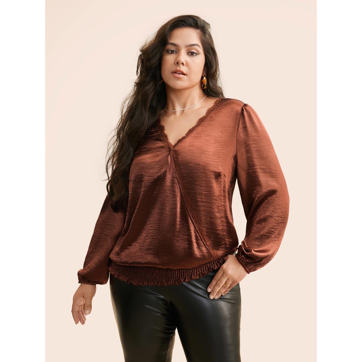 Plus Size Browncoffeecolor Overlap Collar Shirred Lace Trim Blouse Women Cocktail Long Sleeve Overlap Collar Party Blouses BloomChic 28/5X Product Image