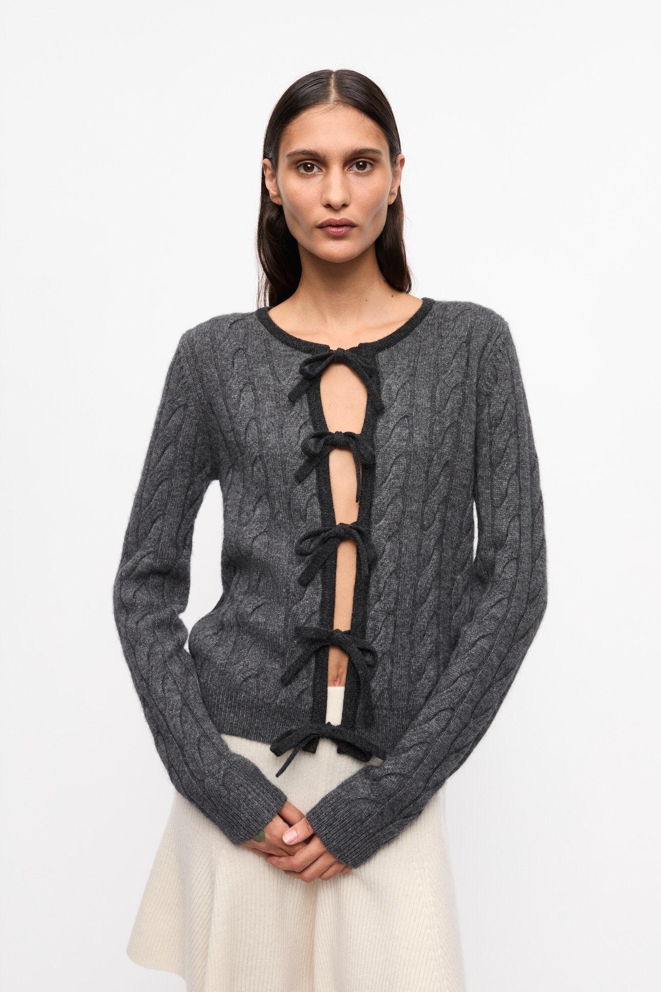 Grey and Black Cashmere Mix Tie String Cardigan Product Image